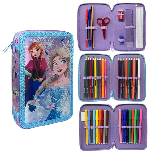 CARTOON Astuccio triplo 3 zip Frozen Disney completo 44 pezzi cancelleria per la scuola multiscomparto penne matite colori pennarelli giotto