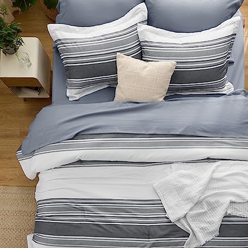 Image of Bedsure Queen Comforter Set 7 Pieces, Dark Grey Striped Bedding Set for All Seasons, Reversible, Cationic Dyeing Bed in a Bag with Comforter, Sheets, Pillowcases & Shams
