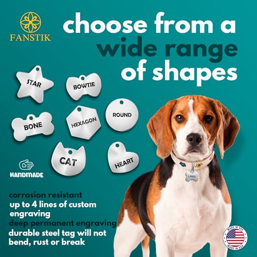 FANSTIK Engraved Pet ID Tag (Made in USA), Large Size, Customized Dog Tags, Personalized Cat Tags, Stainless Steel, Different Shapes, Sizes and Design (Text & ICON)