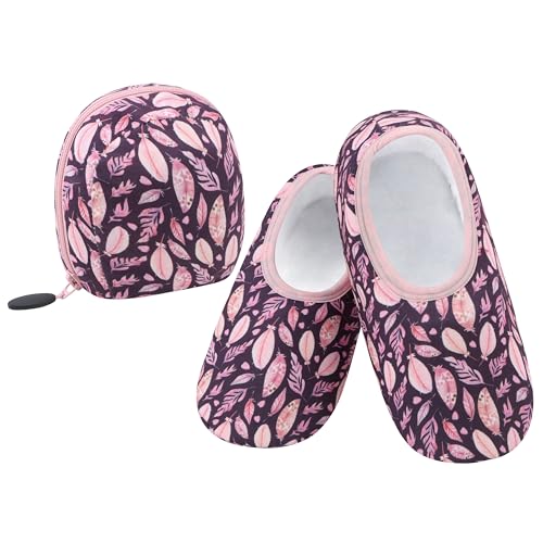 Snoozies Skinnies Womens slipper sock Socks - Non-Slip slipper socks with a Lightweight Sherpa Lining - Travel slipper socks with Storage Pouch PNKLVS-Small