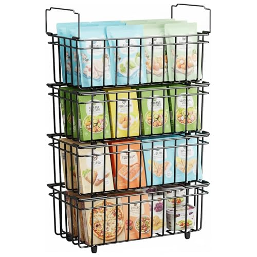 COBOGO Chest Freezer Baskets Organiser Stackable Kitchen Storage Boxes for 198L Deep Freezers Easy to Sort and Get Food with Fold Down Handles Pantry Wire Shelf Bin Frozen Goods Sort Black (4 Pcs)
