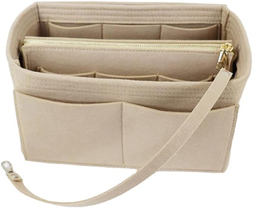 Handbag Organiser Insert, 2 in 1 Tote Bag Insert Organiser with Zipped Felt Multiple Handbag Purse with Detachable Bags and Key Chains for Woman Tote Bag Beige Medium