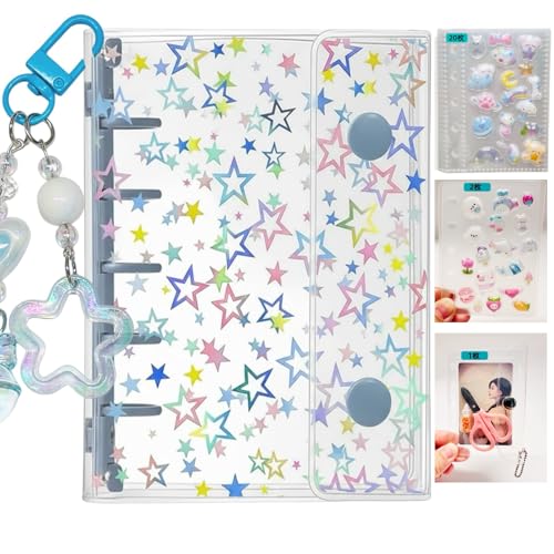 Muratuki 透明バインダー 星柄 シール収納手帳M5,プラバン ミニ ポケットサイズ【バインダー×1個 リフィル×20枚 下敷き×2枚 ミニ財布×1個】3層構造PPシート カードスリーブ 推し活収納 剥がせるシール台紙 女の子 コラージュノート クリア手帳 プリ帳 システム手帳 (ブルー)