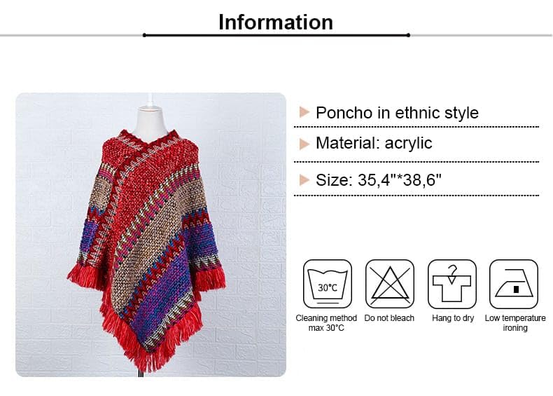 Image of Women's Elegant Knitted Shawl Poncho Fringed Striped Sweater Pullover Cape Gift for women (Fuchsia-blue)