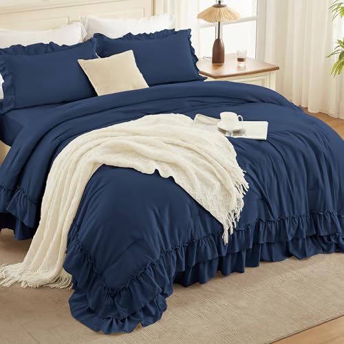 Image of Andency Navy Blue King Comforter Set (104x90Inch), 3 Pieces Ruffle Comforter Set with 2 Pillowcases, Farmhouse Shabby Chic Lightweight Fluffy Soft Polyester All Season Bed Set