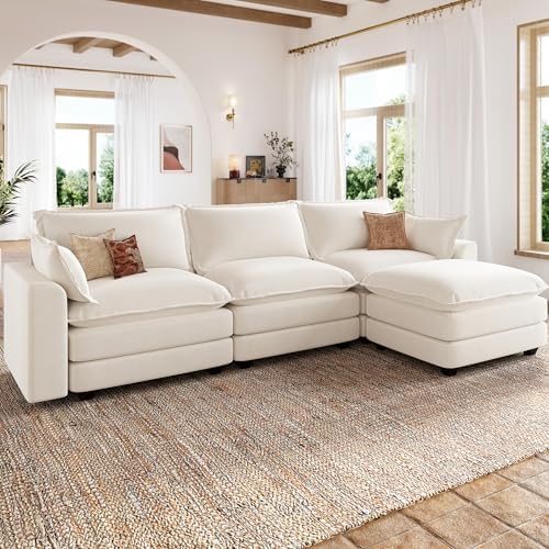 LARMACE 118" L Shaped Cloud Couch, Oversized Modular Sectional Sofa with Movable Ottoman, Comfy Chenille 4-Seater Sofa Deep Seat Couches for Living Room, Beige