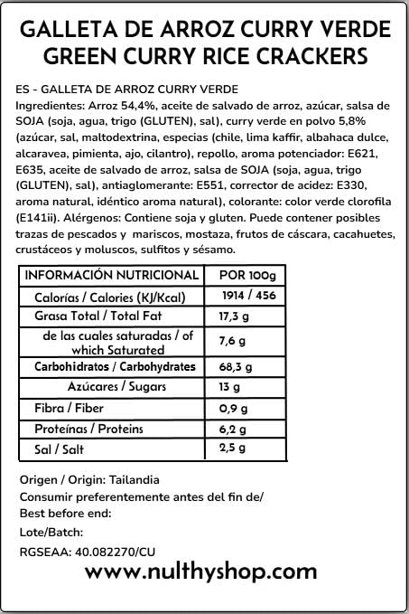 NULTHY 500g - Galletas de Arroz con Curry Verde, Snack Crujiente Exótico, Aperitivo Sabor Intenso