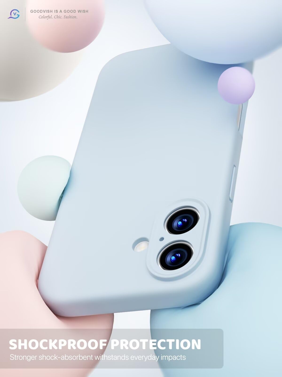 GOODVISH 3 in 1 Silicone Cover per iPhone 16 6.1", Custodia con 2 Pellicola Vetro Temperato [Protezione Fotocamera] 360° Protezione Anticaduta Case per Cellulare Antiurto Resistente, Cielo Blu