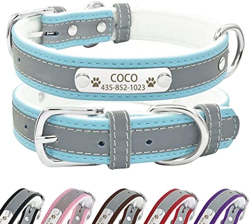 Senristar Personalized Reflective Leather Dog Collar with Warm Lining,Custom Dog Collar with Name Plate Engraved for Small Medium Large Dogs & Cats