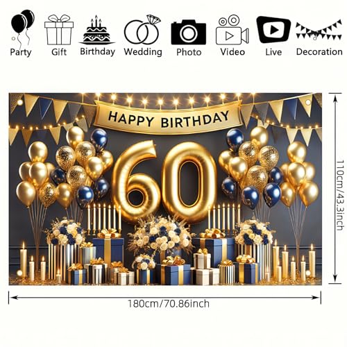 Image of BlissYard Happy 60th Birthday Backdrop Gold and Navy Blue Balloon Banner Birthday Sign Photography Background 60 Year Birthday Party for Women Birthday Party Decorations Photo Booth 71x 43 Inch