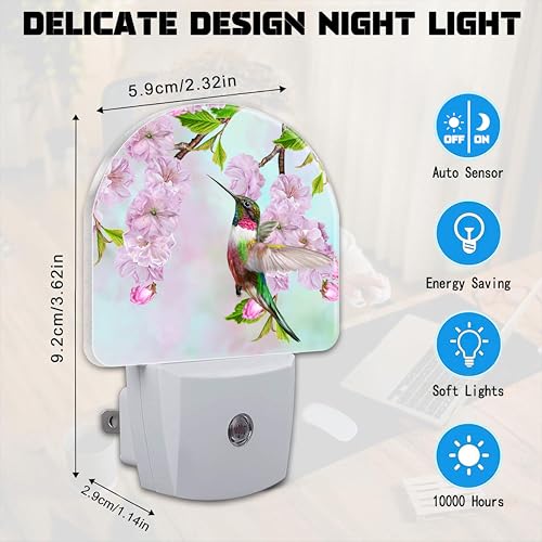 Image of Hummingbird and Cherry Blossoms Night Light for Kids,Birds and Pink Flowers Plug in Night Light with Dusk to Dawn Sensor, 0.5w Energy Saving Nightlight for Hallway Stairway Kitchen Bedroom