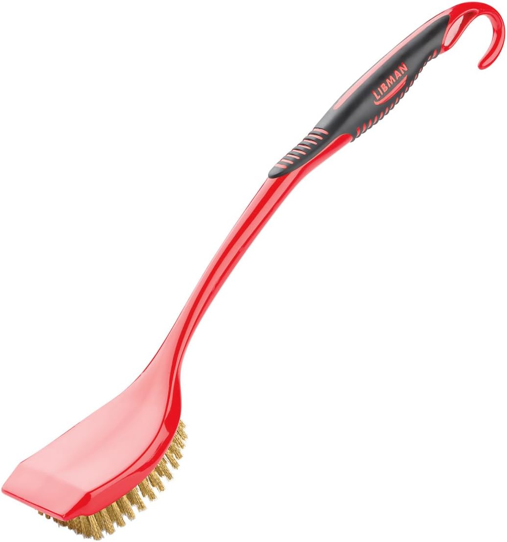 Libman 568 Long Handle BBQ Grill Brush with Built-In Scraper - Durable Brass Bristles, USA Made