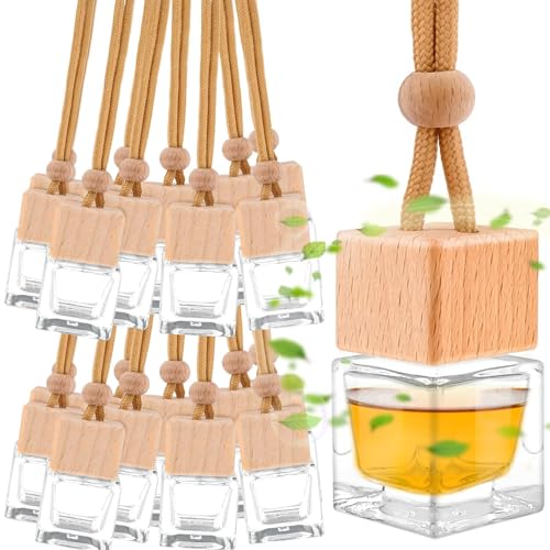Juego de 50 ambientadores para coche, botellas de perfume de 8 ml rellenables de vidrio vacío con tapa de madera y cordón, botellas de perfume colgantes para coche, hogar, dormitorio, oficina