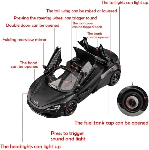 Image of WORSHIPER 1:24 Scale McLaren 720S Die-Cast with Openable Doors, Pullback Action, Lights & Sounds � Luxury Sports Car Collectible for Kids & Adults (1:24 McLaren 720S-Black Color)