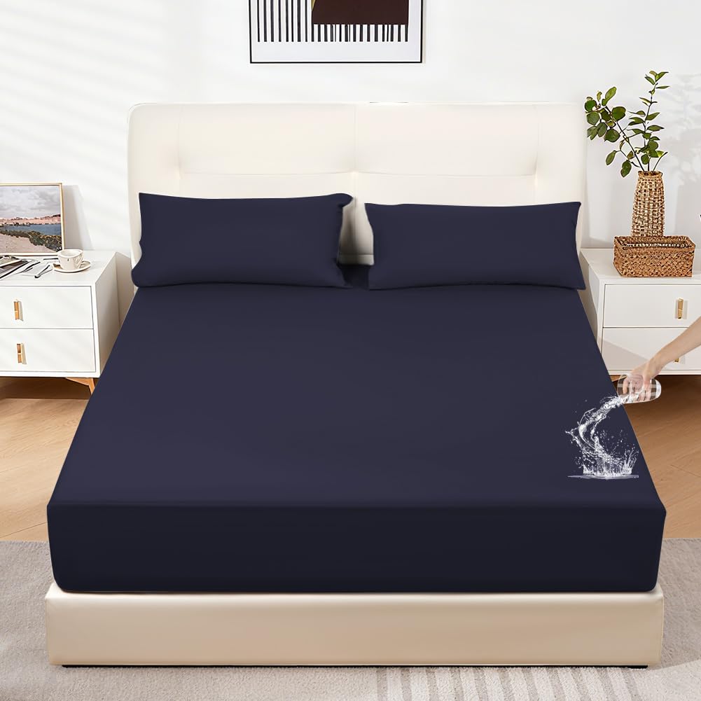 DUJUIKE Matratzenschoner Wasserdicht, Spannbettlaken Wasserdicht, Atmungsaktiv Matratzenbezug, Feuchtigkeitsdichtes Spannbettlaken für Matratzen mit Einer Höhe von 20-40 cm (Navy blau, 90 x 200 cm)