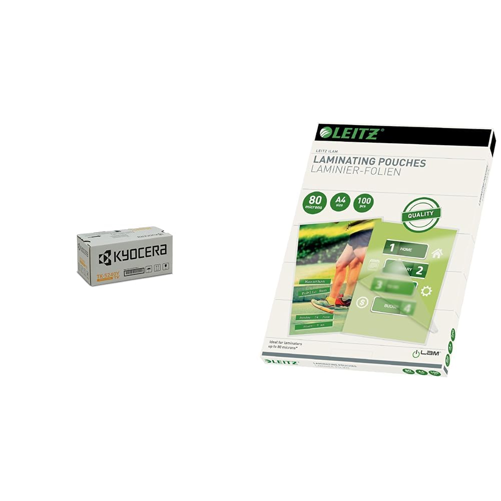 Kyocera TK-5240Y Toner Gelb, Original Tonerkartusche 1T02R7ANL0 & Leitz Heißlaminierfolien A4 80 mic, Hochwertige Laminierfolien im 100er Pack