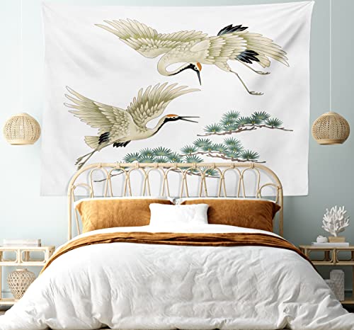 Lunarable Bird Tapestry, 2 Japanese Cranes Flying Traditional Painting Style Far Eastern Illustration, Fabric Wall Hanging Decor For Bedroom Living Room Dorm, 30" X 45", Ivory Green Black #TOP4