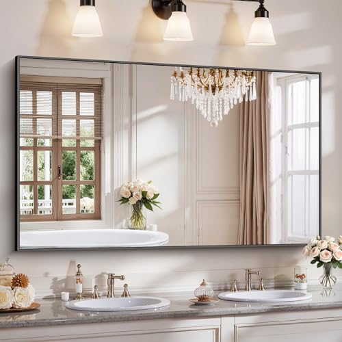 YIROMAN Bathroom Mirror 60x36 Large Matte Black Bathroom Mirror for Over Sink with Aluminum Frame Rectangular Vanity Mirror with Right Angle Wall Mirror Hangs Horizontal or Vertical Shatterproof