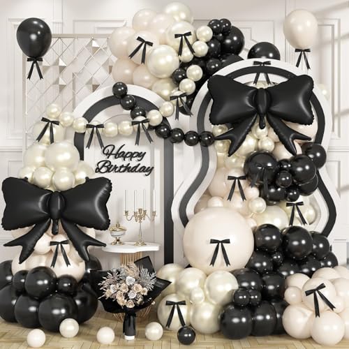 Black Bow Balloon Arch Black White Coquette Birthday Decorations Double Stuffed Pearl Sand White Ivory Black Balloon Garland with Foil Bow Balloons for Engagement Wedding Bridal Shower Bachelorette