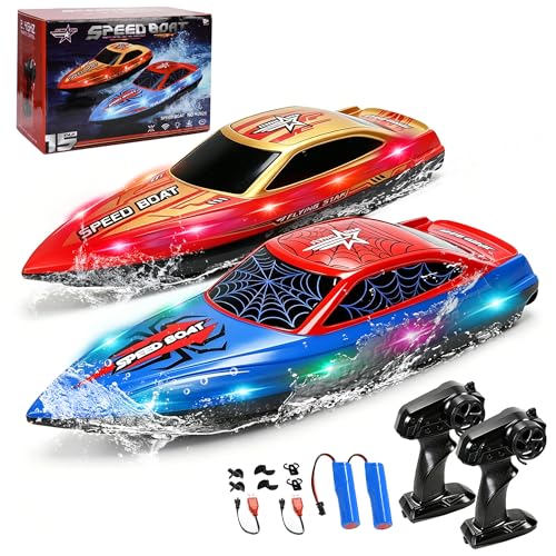 FLYING STAR 2 Pack 13 inch Remote Control Boat for Kids, 2 Batteries, 2.4Ghz RC Racing Boat with LED Lights for Pools and Lakes, Summer Water Toy Gift for Boys 8,9,10,11,12+
