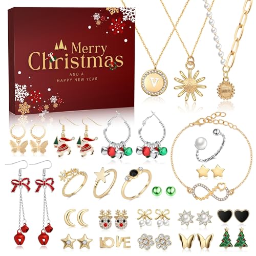 PIIDUOO Calendario de Adviento joyas 2023 mujeres – Calendario de Adviento joyas oro moda adolescente niña mujer con collar pulsera anillos pendientes 24 sorpresas, dorado