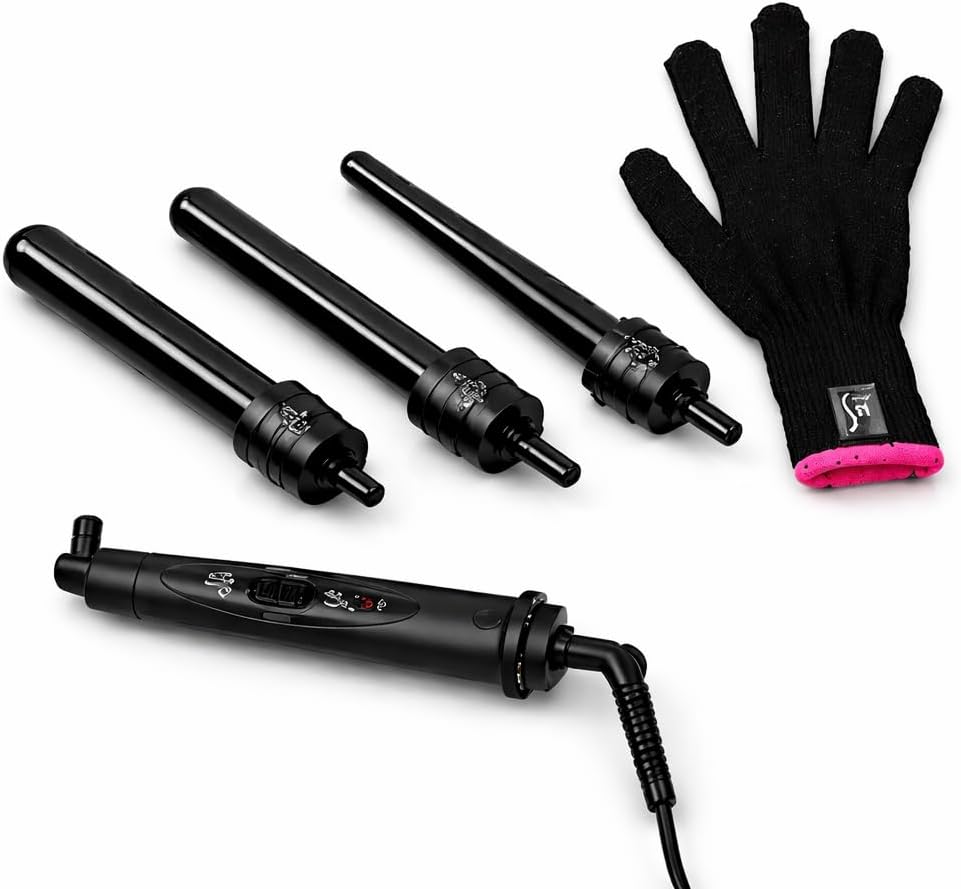 HerStyler 3 Barrel Interchangeable Curling Wand Set - Clip-Less Ceramic Barrels - Loose Waves, Defined Curls & Tight Ringlets - Anti-Frizz Curling Iron 3 in 1 - Up to 400 F - Dual Voltage - Black