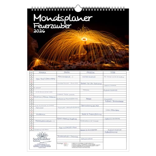 Planificador familiar de 4 columnas, DIN A3, calendario para 2026 fuego, de Feuerzauber Seelenzauber