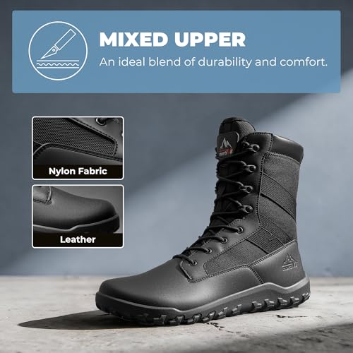 NORTIV 8 Herren Militärische Taktikstiefel mit breiter Zehenbox, barfuß, Null Höhenunterschied, Lederstiefel mit seitlichem Reißverschluss für Motorrad und Einsatz,Size 47,Schwarz,SNMT26007M