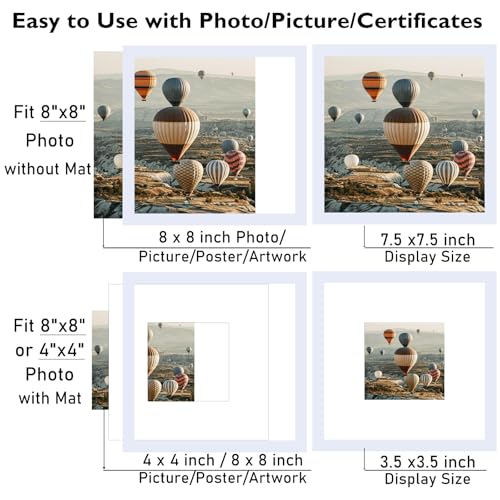Image of JCJMY 8x8 Picture Frame With Mat, Display 4x4 With Mat or 8x8 Without, Wood Square Photo Frame for Wall Hanging or Tabletop, 1 Pack, White
