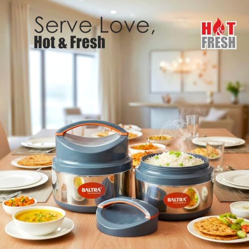 Image of BALTRA Inner Stainless Steel Thermoware Casserole Set with Lid for Roti /Chapati (1500ml, 2000ML) | Insulated Hot Pot for Hot Meal /Chapati /Curry Set /Biryani | Serving Bowl with Lid (OPERA SET OF 2)