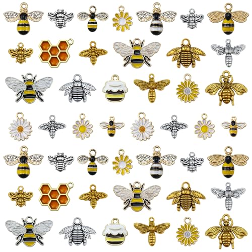 MEDIHOOL 50Pcs Enamel Bee Charms Set 25 Styles Assorted Honeybee Honeycomb Charms for Jewelry Making Crafts DIY Necklace Bracelet Keychain Crafting Pendants Kit