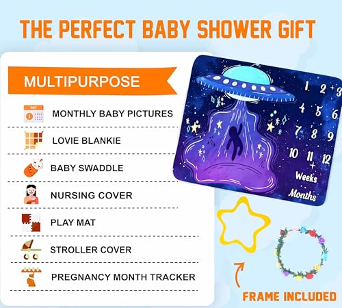 Image of UFO Baby Monthly Milestone Blanket, 48x40in Soft Flannel, Alien Round Spaceship, Newborn Mom Gifts, Baby Shower Age Growth Tracker with Bonus Maker (Purple Blue, 48x40in)