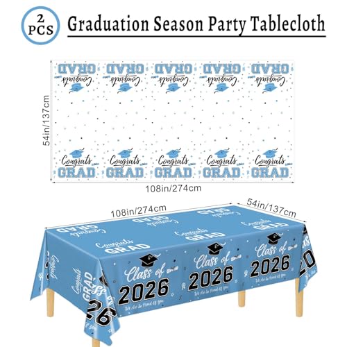 Image of Oigco 2026 Graduation Decorations, 2 Pack Sky Blue Graduation Tablecloths Class of 2026, Congrats Grad Plastic Tablecloths for Graduation Party Decorations, 54 x 108 Inch