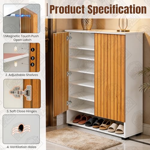 Image of ABOUT SPACE Shoe Cabinet - 7 Tier Shoe Rack with Door & Open Bottom Storage|Press Open 2 Door Engineered Wood Shoes Stand for Home | Smooth Non-Fluted-Effect Adjustable Shelf 18-21 Pair |White & Teak