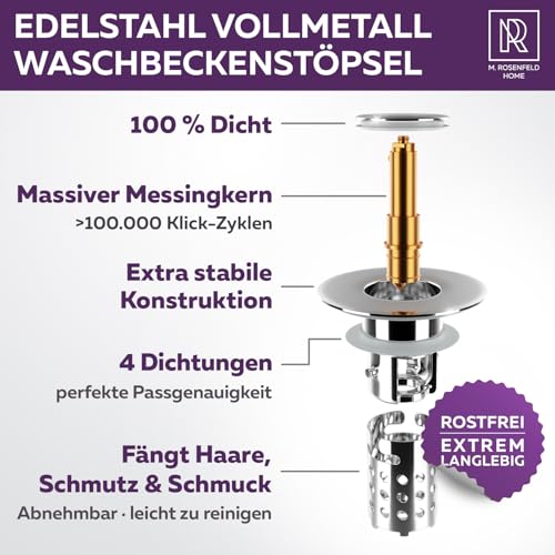 M. ROSENFELD HOME 3-in-1 Waschbeckenstöpsel mit Sieb Pop-Up Abflussstopfen mit sieb für 30–60mm Beckenloch Edelstahl Haarfänger Messingkern, Chrom