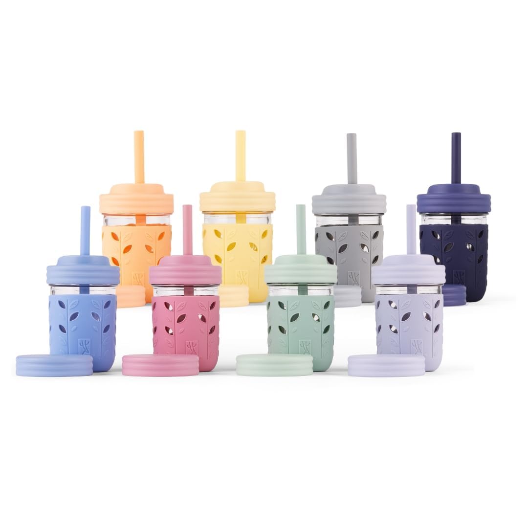 Elk and Friends Kids + Toddler Glass Cups | The Original 8oz Glass Mason Jar with Sleeves + Lids | Silicone Straws + Stopper | Smoothie Cup | Food Storage | Spill Resistant | Dishwasher Safe | 8 Pack