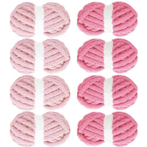 MABOZOO Assorted Chunky Yarn for Crocheting 8 Pack - Fluffy Jumbo Chenille Soft Plush Bulky Yarn for Hand or Arm Knitting - 4 Pink & 4 Rose Red (27yds 8 oz Each Skein)