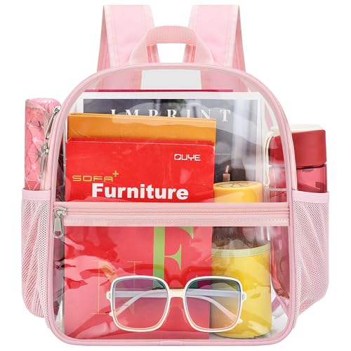 Image of Busiuw Clear Backpack for Stadium Events 12x12x6 Mini Small Sports Fan Backpacks with Front Pocket for Concert Sport Events Work Travel(Pink)