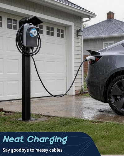 Image of Outdoor EV Charger Pedestal for Tesla & J1772 Charger with Roof | Heavy-Duty Rugged Stand, Anti-wobble Stable Base, Anti-Rust Finish, Handy Organizer Keeps Cable Tidy, Rain & Leaf Protection