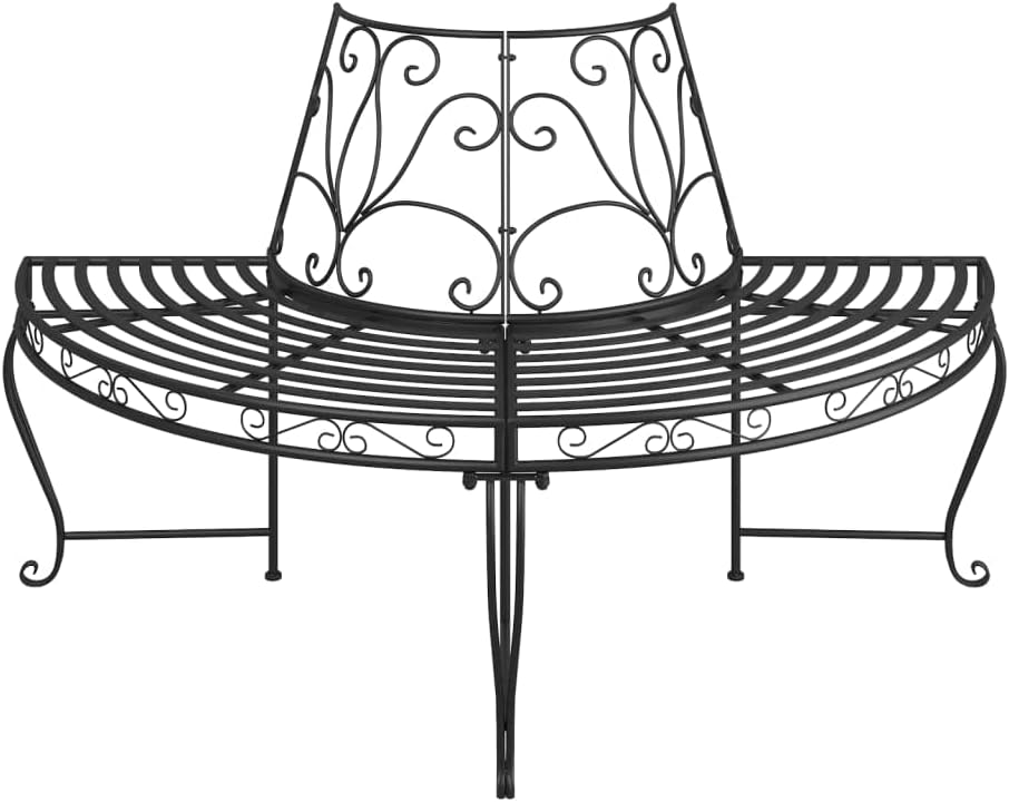 vidaXL Tree Bench Black Steel Half Round Decorative Inlays