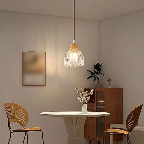 Miniatura 3 de 2 Pack Wood Pendant Light Fixtures, Nordic Retro Flower Shape Clear Glass Shade Suspended Lamps, 48in Height Adjustable Chandelier for Kitchen