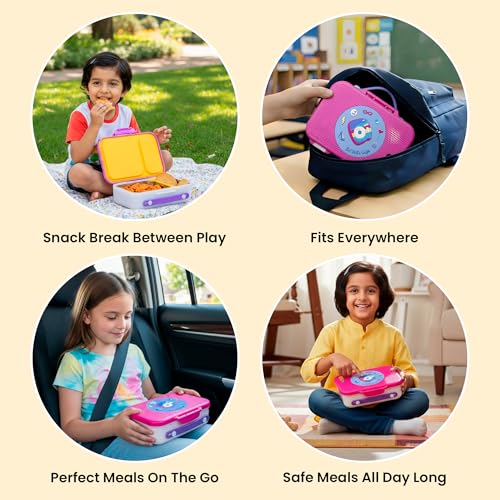 Image of rabitat Munchbee Pro Personalized Stainless Steel Kids Lunch Box 850ml- Food-Grade Steel Bento Tiffin | 2-Year Brand Warranty | Spill-Proof Flick-Lock | 3 Compartments, BPA-Free, School-Safe | Diva