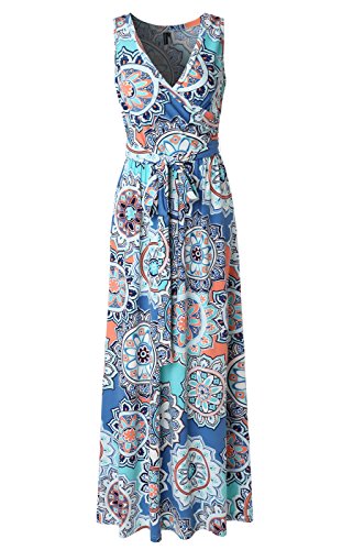 Zattcas Womens Bohemian Printed Wrap Bodice Sleeveless Crossover Maxi Dress,Blue Multi,Small