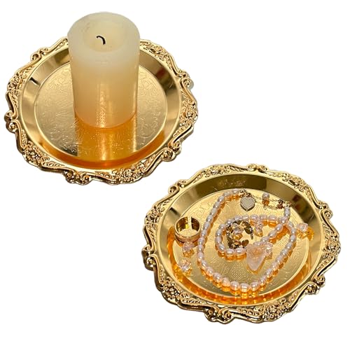 cachiv Pillar Candle Holder Set of 2 Jewelry Dish Ring Holder Candle Stand Decorative Metal Plate Vanity Tray for Weding Home Decor (Gold) by cachiv - Used condition - US$8.89