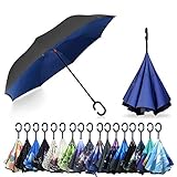 YOKITOMO 長傘 逆さ傘 丈夫 撥水 内外２枚の布の構成で耐風 熱中症対策 遮光 遮熱効果 閉じると自立可能 晴雨兼用 車用 (ネイビー)ギフト