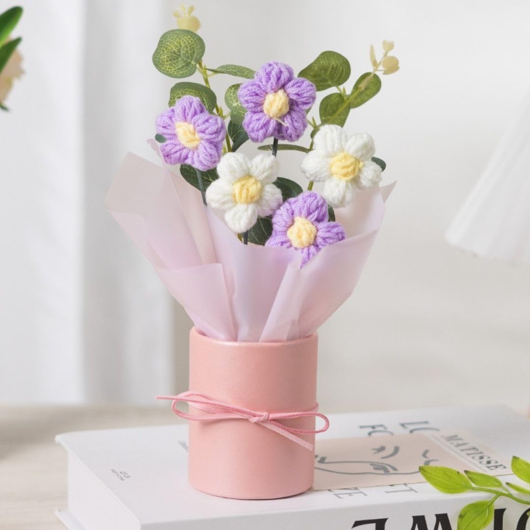 Artificial Crochet Flower Bouquet Handmade Knitted Floral Bunch for Home & Office Decor, Woollen Flowers Gift for Girls, Valentine & Festive Gifting (Pack of 1) (Purple)-image-48