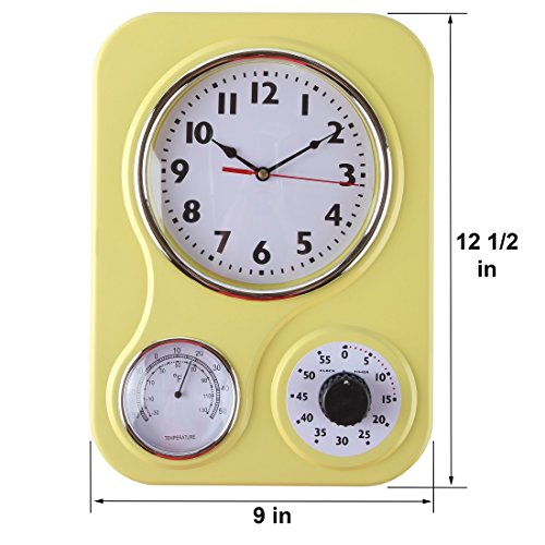 Lily's Home Retro Kitchen Wall Clock, With A Thermometer And 60-Minute Timer, Ideal For Any Kitchen, Yellow (9.5 In X 13.3 In) #TOP3