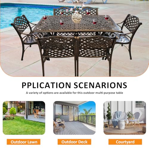 Image of Rectangle Patio Table 59 inch Cast Aluminum Patio Dining Table with 2.56 inch Umbrella Hole, Weather-Resistant Outdoor Dining Table for 6-8 Person, Balcony Garden Table 59 inch x 35.5 inch x 29 inch, Bronze