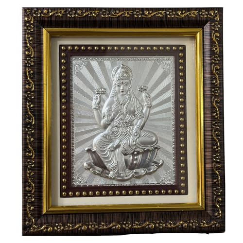 Image of BHAGWATIJEWELS Silver Coating Laxmiji Frame | Divine Home Decor | Wall Mount SquareFrame for Gift, Wooden PhotoFrame for Temple, OfficeDecor, Wedding Festival Gifting | tabletopframe (5x 5.50 Inch)