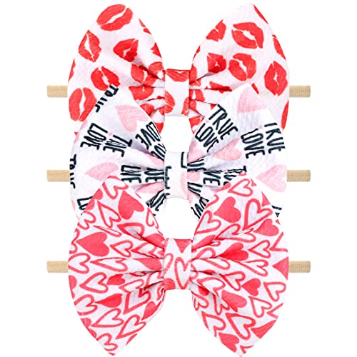 NCMAMA Valentine's Day Baby Headbands Pink Red Love Heart Printed Elastic Nylon Valentines Hairbands for Baby Girls Newborn and Infant 3 Pcs...